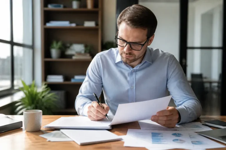 Un professionnel rédige une note d'intention exemple sur des documents papier au bureau.