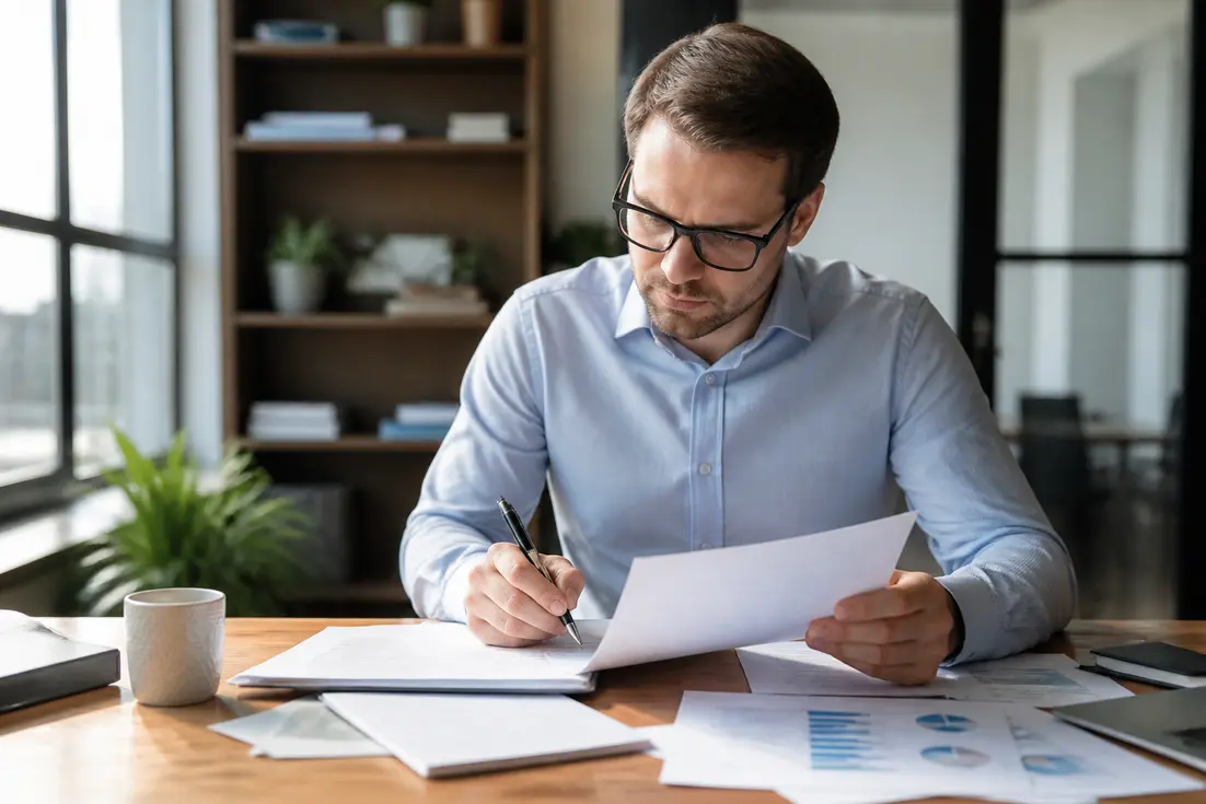 Un professionnel rédige une note d'intention exemple sur des documents papier au bureau.