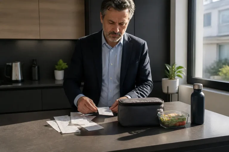 Déduction panier repas impots : homme organisant ses reçus et sa lunchbox dans un bureau.