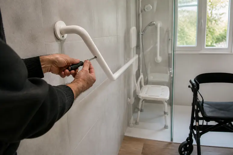 Installation de barres d'appui et adaptation d'une douche pour améliorer l'accessibilité.