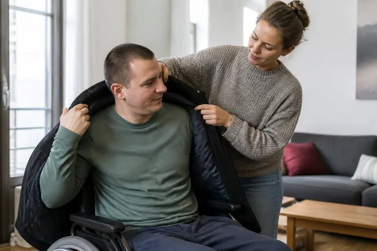 Aide à l'habillage d'une personne en fauteuil roulant par un aidant.