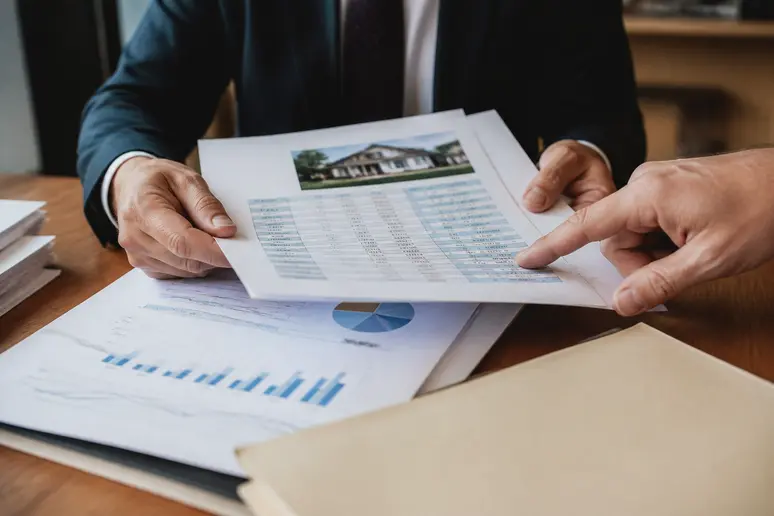 Main d'avocat consultant des documents financiers et un rapport d'expertise sur un bureau.