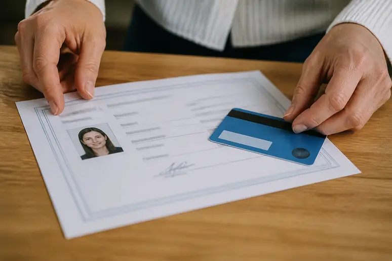 Mains disposant une carte de transport et un document justificatif pour un dossier de remboursement.