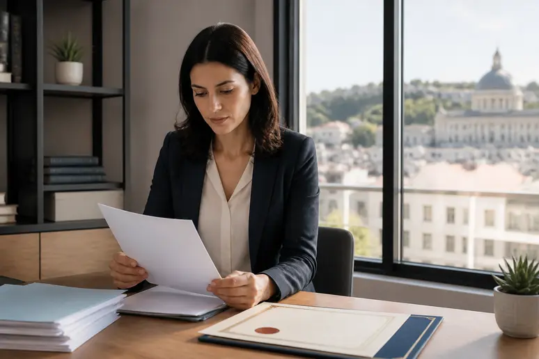 Professionnelle examinant des documents pour son salaire passeport talent.