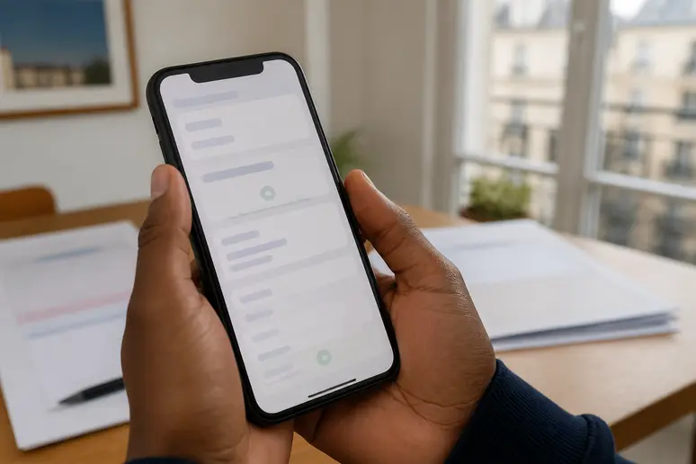 Mains tenant un smartphone pour le dépôt en ligne du salaire passeport talent.