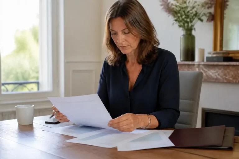 Femme d'affaires française analysant des documents financiers, réflexion sur sa sicav