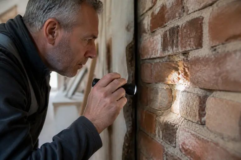 Professionnel inspectant un mur en briques abîmé lors du suivi budget rénovation
