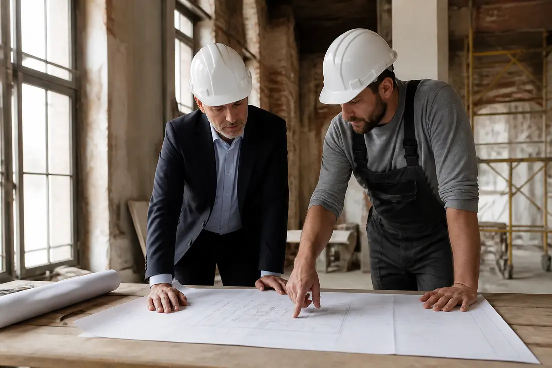 Un chef de projet et un entrepreneur analysant des plans de chantier lors du suivi budget rénovation d'un bâtiment.