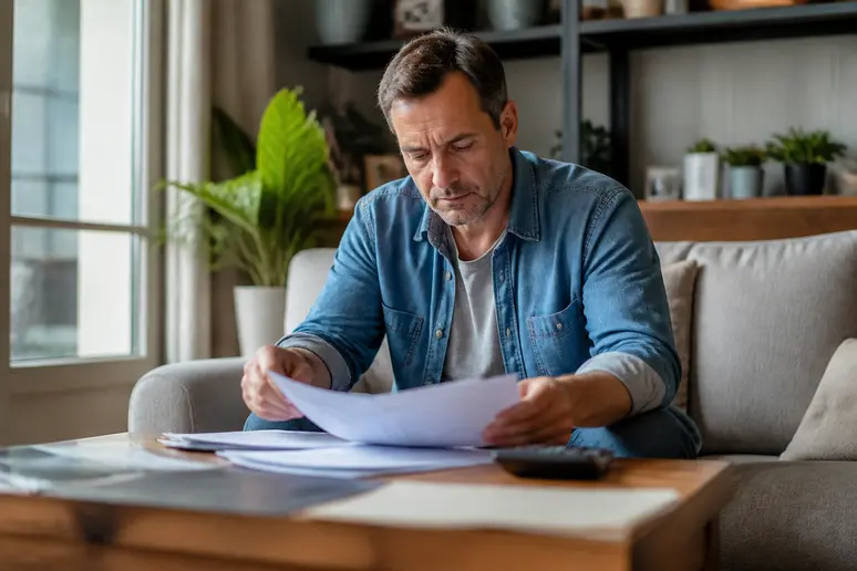 Un homme d'âge mûr analyse des documents administratifs chez lui.