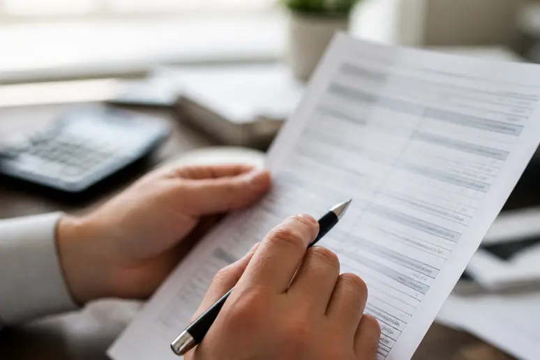 Mains tenant un stylo au-dessus d'un formulaire fiscal, en situation de correction.