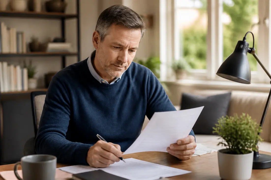 Un homme examine des documents fiscaux à son bureau, illustrant la taxe habitation résidence secondaire.