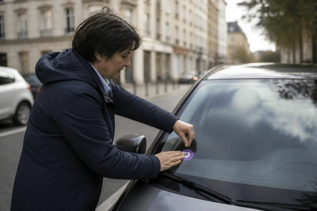 Pose de la vignette crit air nantes sur le pare-brise d'une voiture en ville.