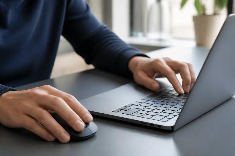 Gros plan sur des mains saisissant des informations sur un clavier d'ordinateur portable.