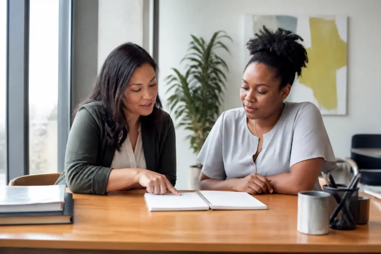 Un conseiller professionnel et un participant partagent leurs impressions pour se faire un Activ Projet avis lors d'un atelier