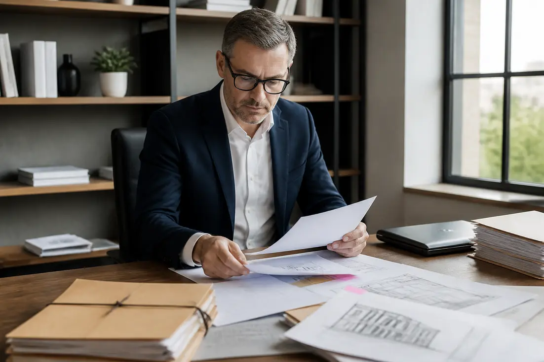 Un courtier analyse des documents sur son bureau pour optimiser son accès et utilisation extranet courtage.