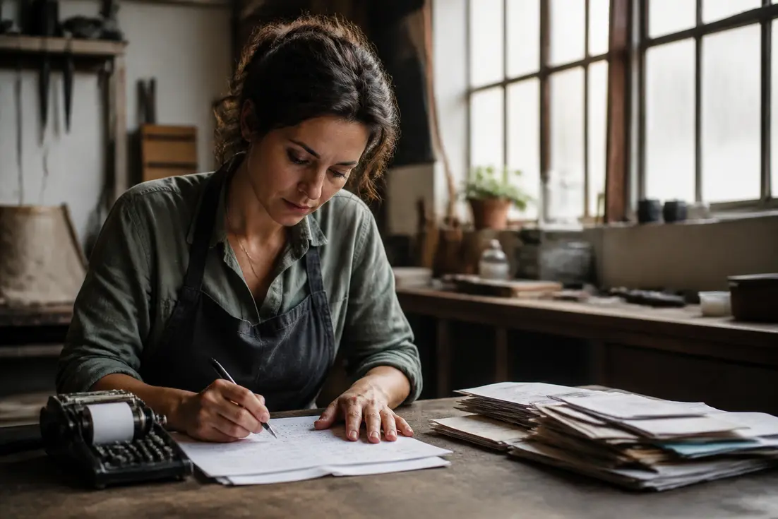 Un entrepreneur analyse des calculs financiers sur papier à l'aide d'une calculette seuil de rentabilité dans son atelier