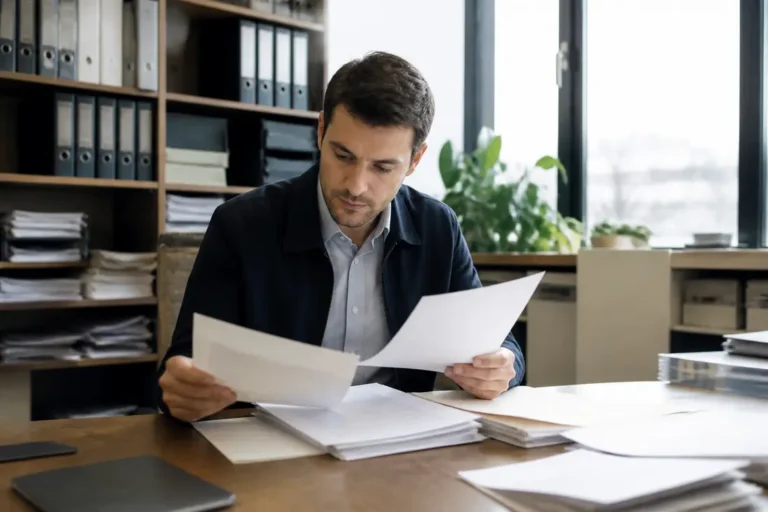 Un professionnel consultant des documents papier et des archives pour accéder aux articles et archives de recherche.