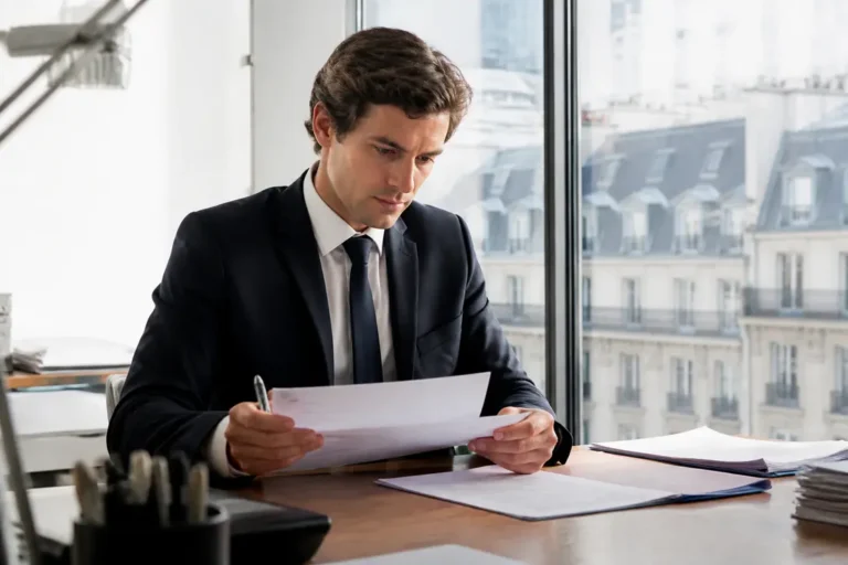 Candidat préparant sa certification AMF en étudiant ses notes sur papier dans un bureau lumineux.