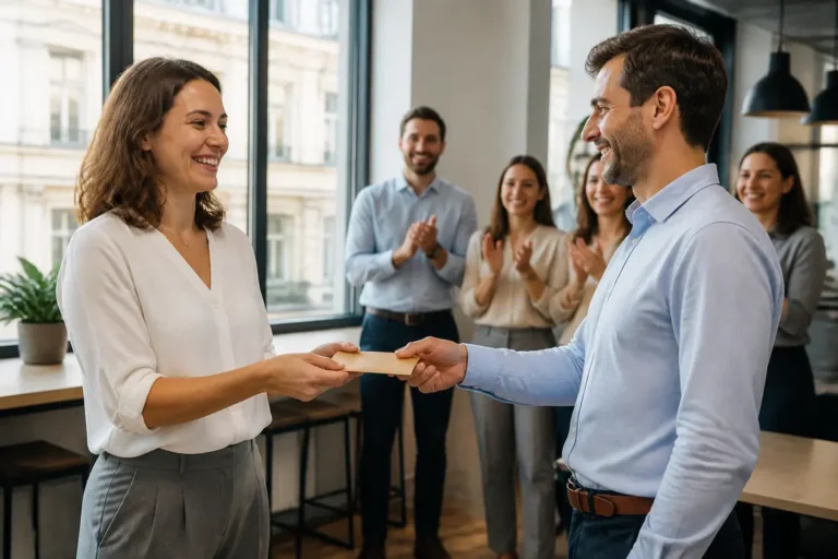 Un salarié heureux découvre son comité entreprise MAAF avantages lors d'un échange au bureau
