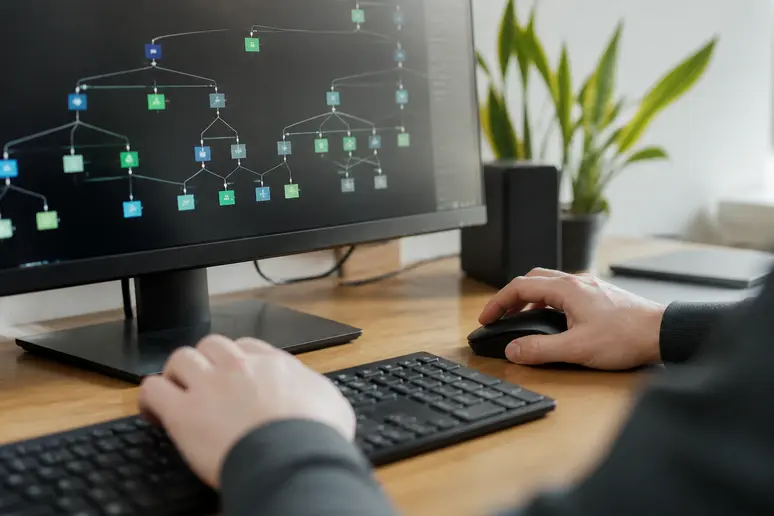 Mains manipulant une souris pour structurer un organigramme hiérarchique sur un poste de travail