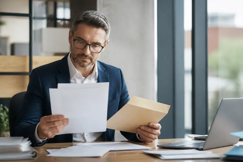 Professionnel préparant un dossier de contestation pour son assurance entreprise.