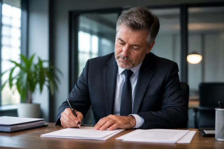 Chef d'entreprise signant un contrat papier pour savoir comment prendre assurance entreprise sans exclusion.