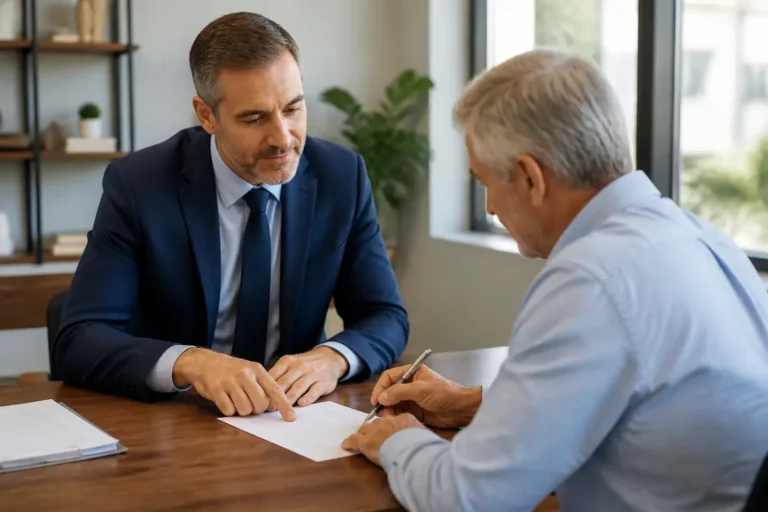 Un conseiller financier examine un dossier lors d'un rendez-vous professionnel pour un déblocage anticipé PERP en bureau.