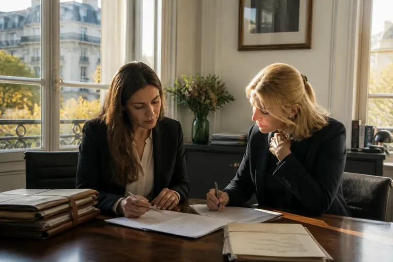 Notaire et agent immobilier examinant un dossier complet pour respecter le délai de réponse juge tutelles vente immobilière.
