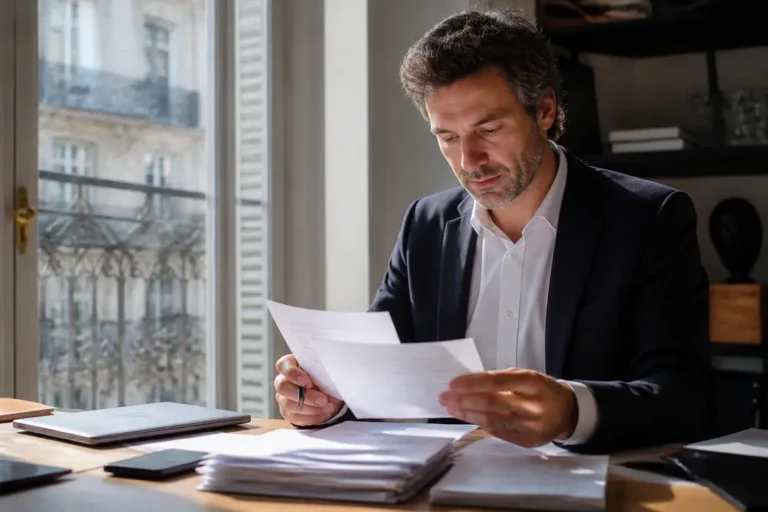 Un entrepreneur analyse des documents comptables pour comprendre la domiciliation bancaire c'est quoi au bureau