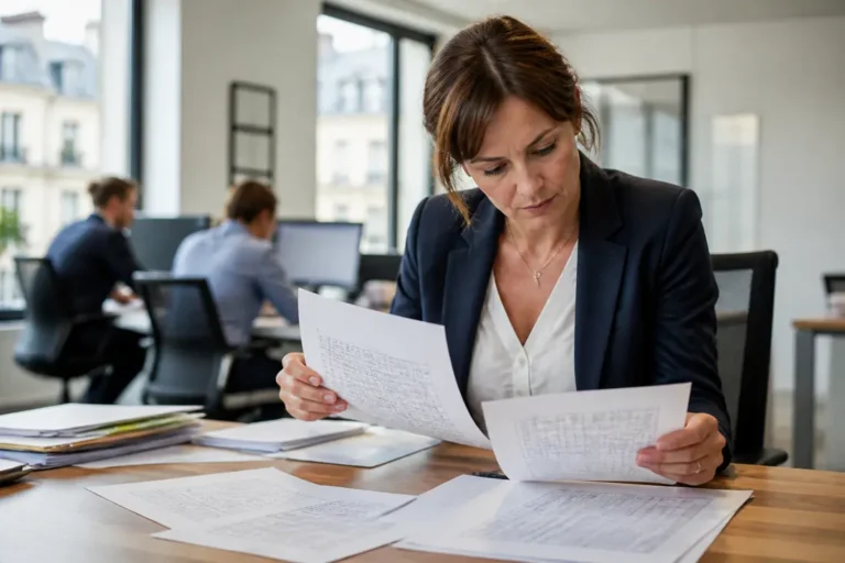 Un responsable consulte des documents administratifs et des plannings imprimés sur un bureau lumineux afin de comprendre comment utiliser Hr4you.