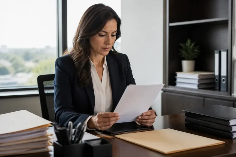 Gestionnaire examinant des documents professionnels pour calculer les indemnites licenciement faute grave dans un bureau