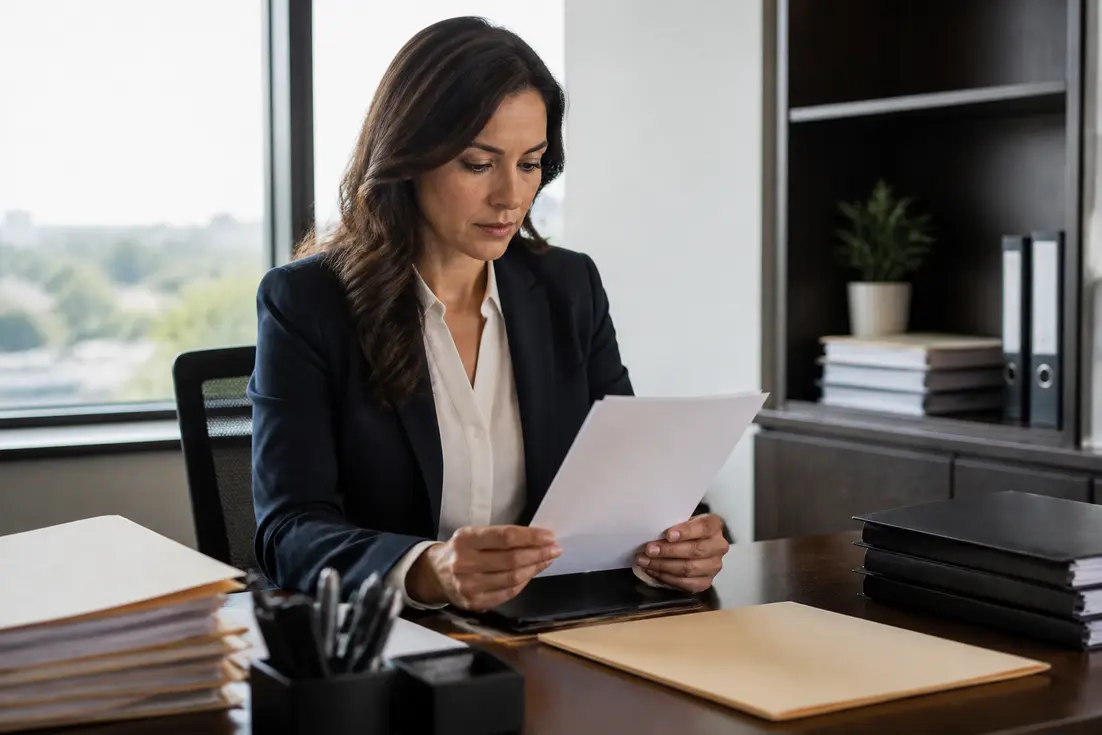 Gestionnaire examinant des documents professionnels pour calculer les indemnites licenciement faute grave dans un bureau