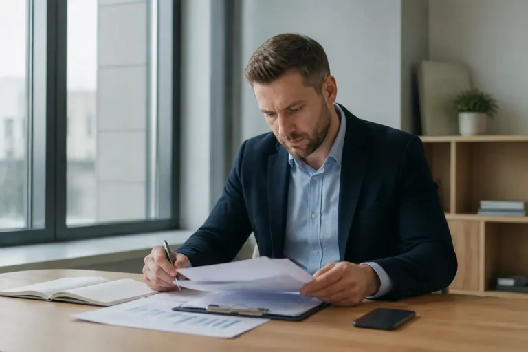 professionnel analysant des documents financiers avec un iphone paiement plusieurs fois sur le bureau