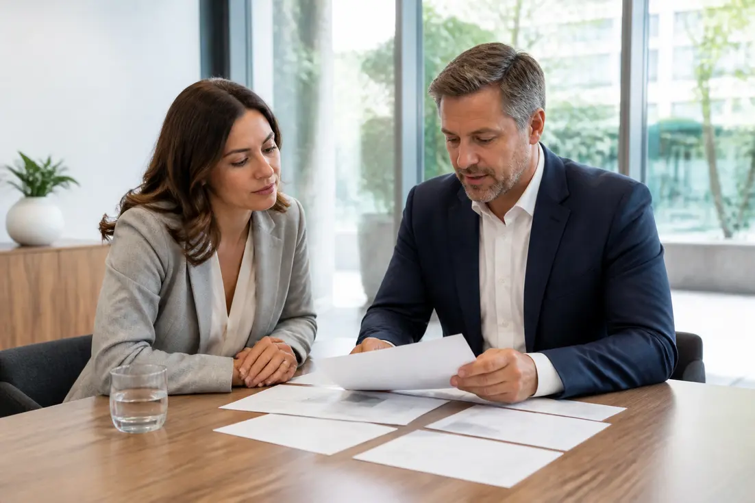 Consultant et client analysant un contrat de prestation lors d'une mission d'expertise multimédia en agence