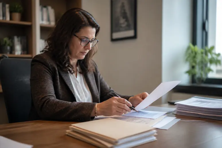 Gestionnaire RH examinant les documents de rupture anticipée CDD sur un bureau en bois.