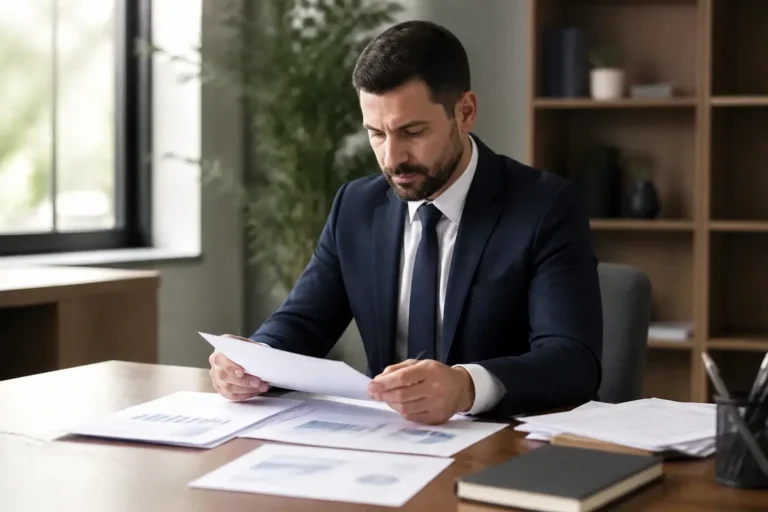 chef d'entreprise consultant des documents pour savoir comment réagir harcèlement huissier dans un bureau