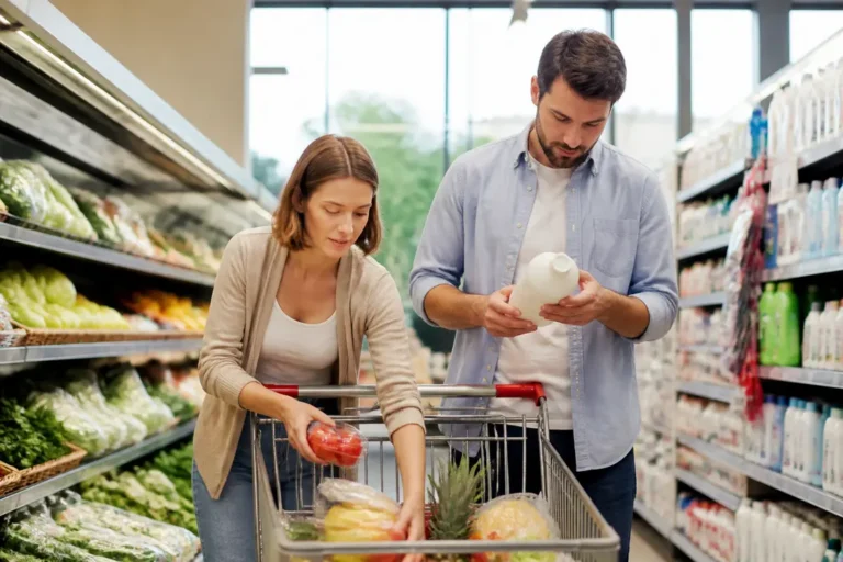 Un couple organise ses achats avec le budget courses 2 personnes par mois dans un supermarché.