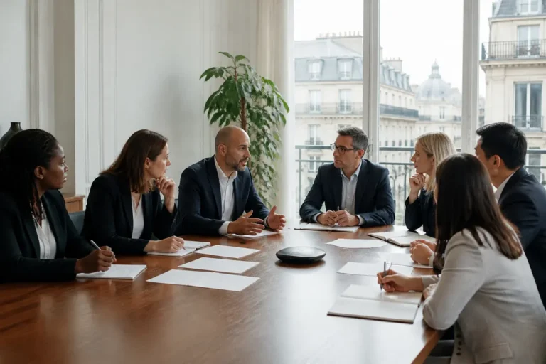 Réunion de travail entre représentants du personnel pour analyser le rôle CCUES Société Générale