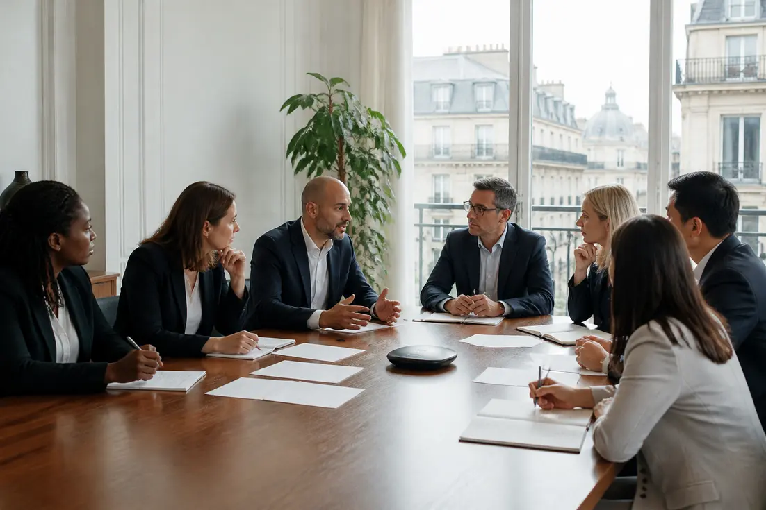 Réunion de travail entre représentants du personnel pour analyser le rôle CCUES Société Générale