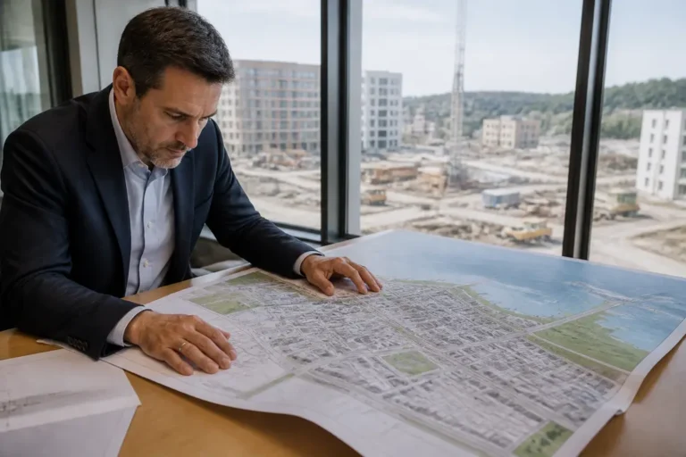 Un professionnel consultant un plan d'urbanisme papier pour suivre les projets immobiliers locaux dans un bureau.
