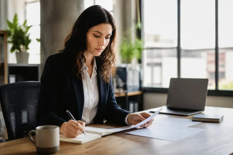 comment se connecter extranet axa : un professionnel consulte des documents administratifs à son bureau.