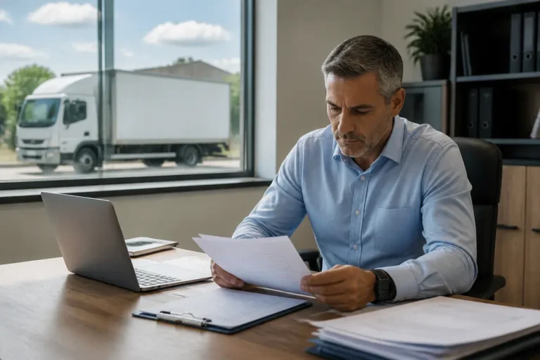 Gestionnaire de flotte analysant des documents logistiques pour illustrer les Hubprotransport avantages professionnels.
