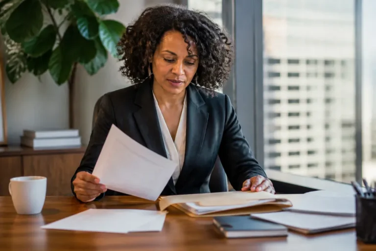 Un professionnel organise des documents papier pour créer et gérer compte sogo dans un bureau lumineux.