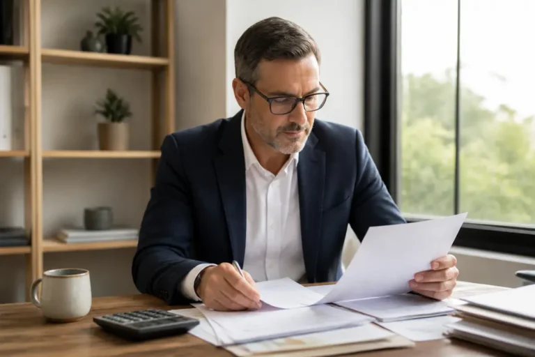 Un conseiller financier analyse des documents bancaires au bureau avec un PEL plafonné conséquences