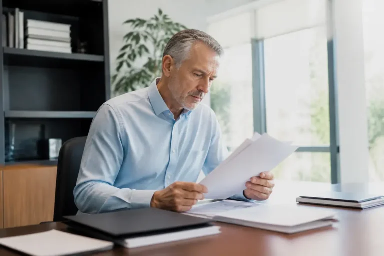 cadre senior analysant des documents financiers dans son bureau pour comprendre les pièges retraite progressive