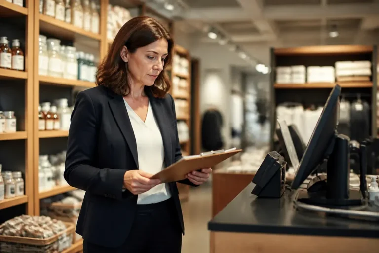 Un auditeur examine des registres de vente lors d'un retail sales audit en magasin.