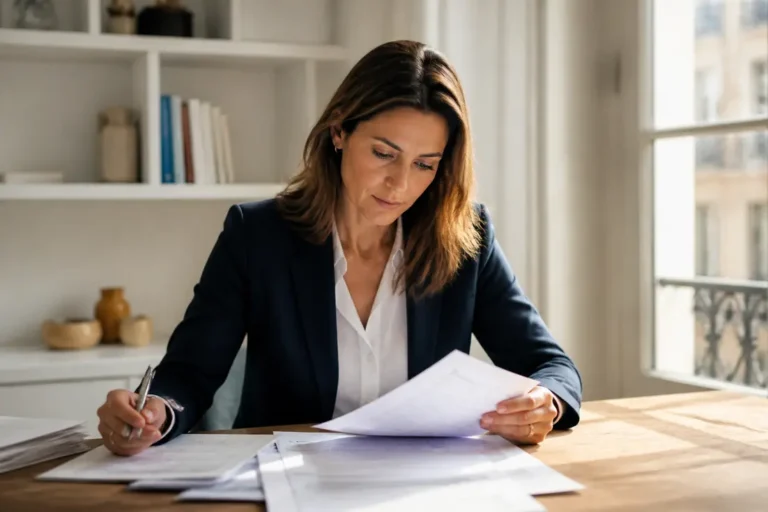 Un entrepreneur examine des documents financiers près d'une fenêtre en utilisant un générateur de factures en ligne.