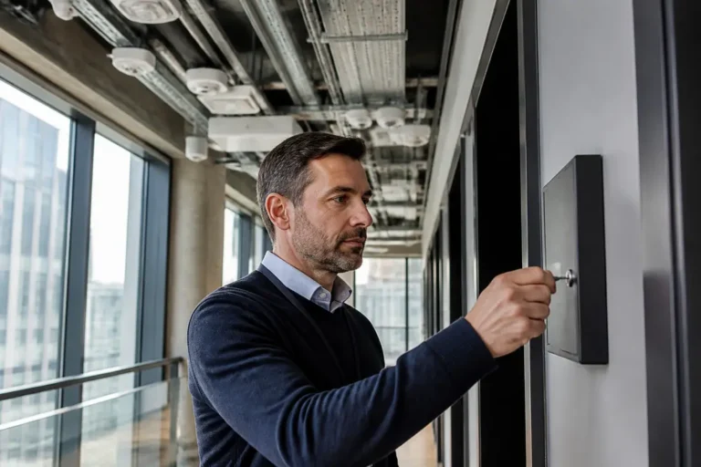 Responsable technique manipulant un boîtier de contrôle dans un immeuble équipé de solutions connectées ville et bâtiment