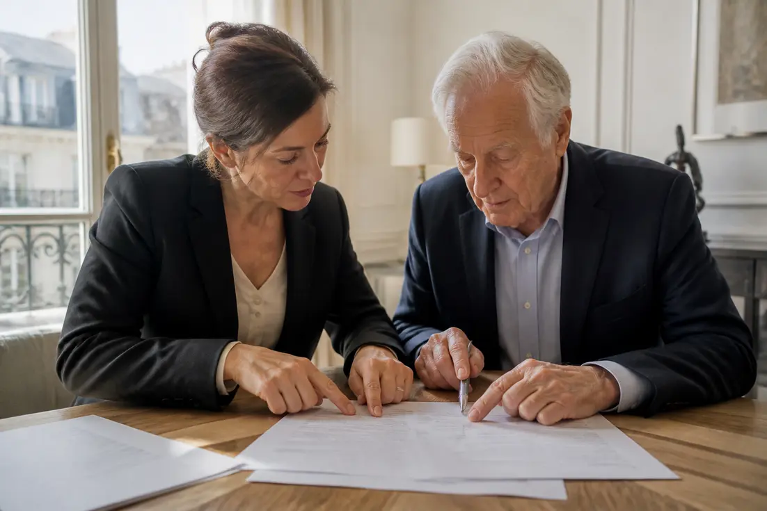 Notaire et vendeur examinant les clauses d'un contrat de vente a terme libre dans un bureau parisien lumineux