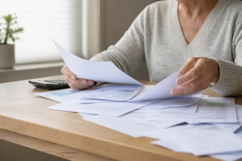 Mains triant des factures d'énergie et des documents pour réduire les charges fixes.